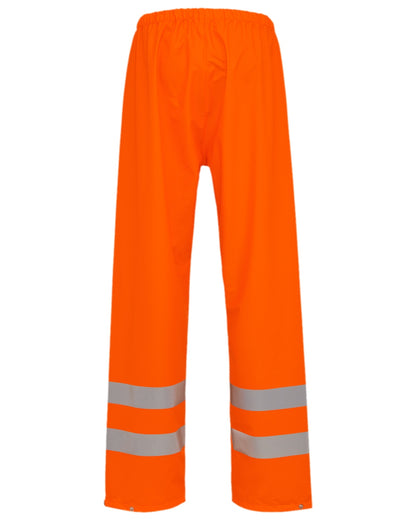 Fluorescent Orange Coloured Elka Mens Dry Zone Visible Hi-Vis Rain Trousers With Vertical Reflective Stripes on white background 