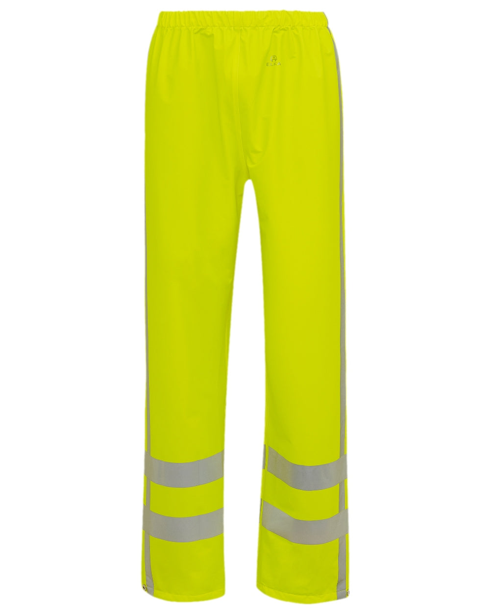 Fluorescent Yellow Coloured Elka Mens Dry Zone Visible Hi-Vis Rain Trousers With Vertical Reflective Stripes on white background 