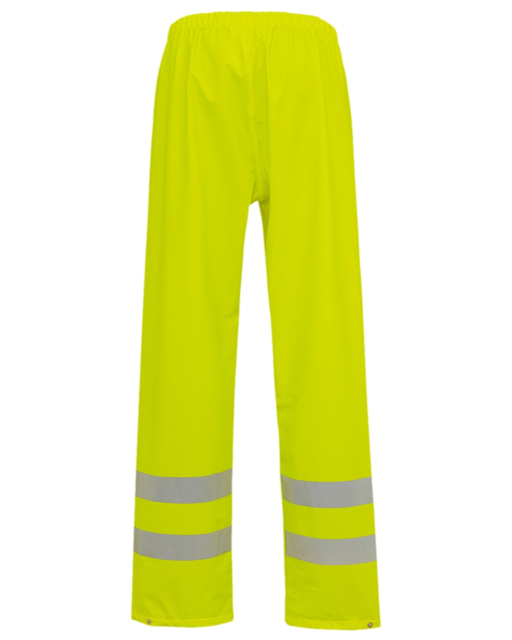 Fluorescent Yellow Coloured Elka Mens Dry Zone Visible Hi-Vis Rain Trousers With Vertical Reflective Stripes on white background 