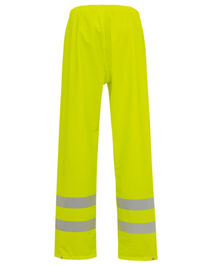 Fluorescent Yellow Coloured Elka Mens Dry Zone Visible Hi-Vis Rain Trousers With Vertical Reflective Stripes on white background 
