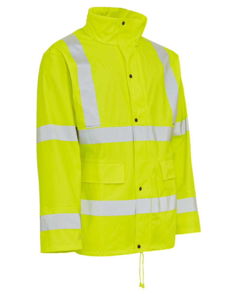 Fluorescent Yellow Coloured Elka Mens Dry Zone Visible PU Rain Jacket Hi-Vis With Reflective Stripes on white background 