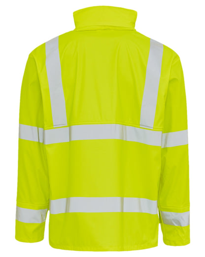 Fluorescent Yellow Coloured Elka Mens Dry Zone Visible PU Rain Jacket Hi-Vis With Reflective Stripes on white background 