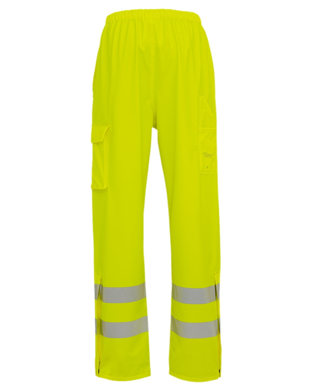 Fluorescent Yellow Coloured Elka Mens Dry Zone Visible Waist Trousers With Pockets on white background 