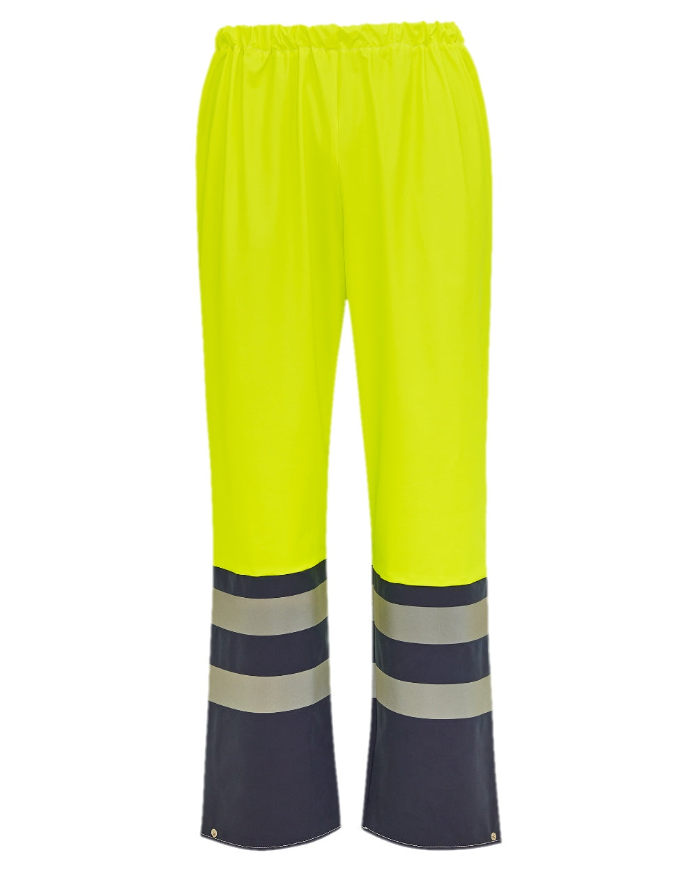 Fluorescent Yell Navy Coloured Elka Mens PU Visible Waist Trousers With Reflective Tape on white background 