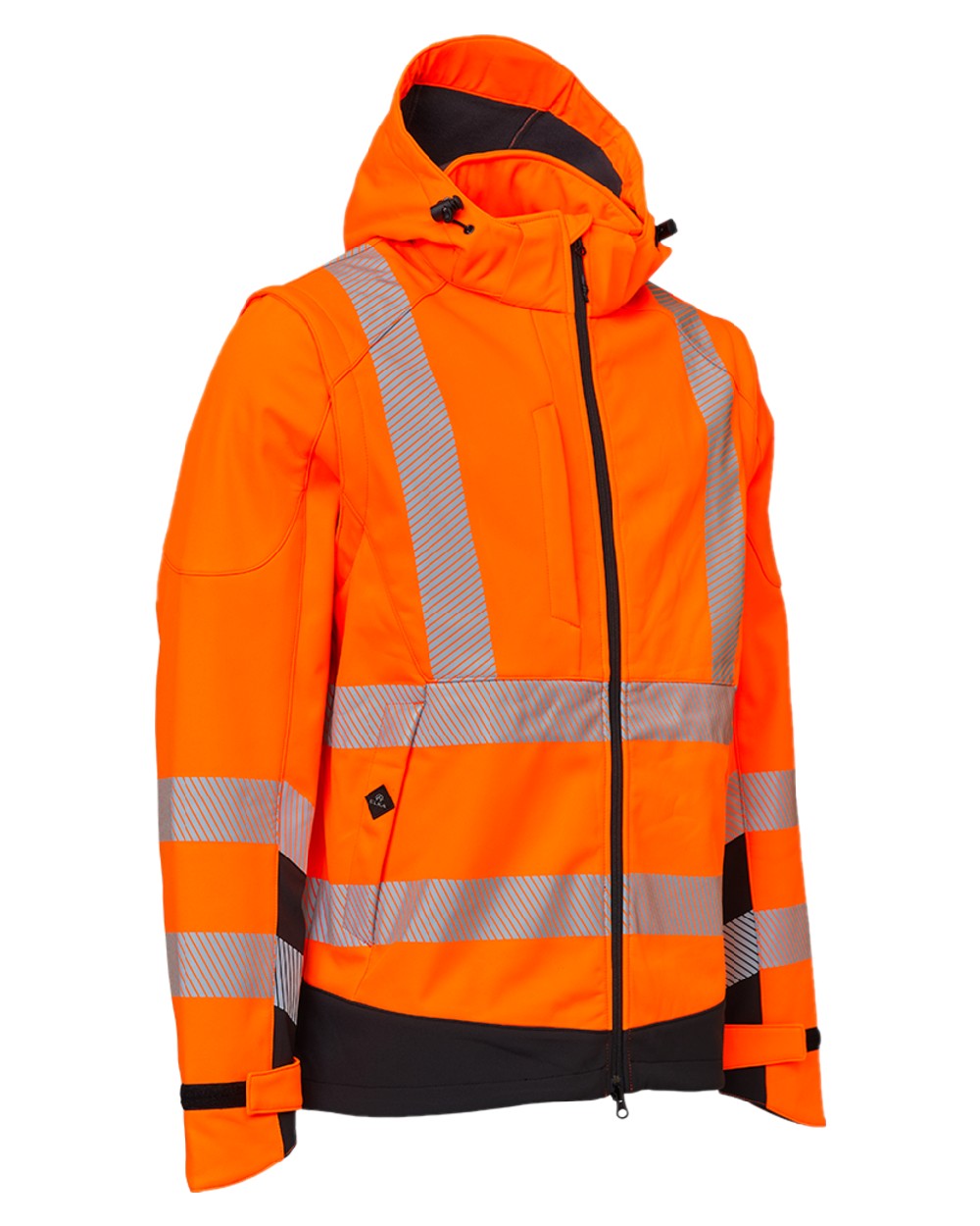 Fluorescent Orange Black Coloured Elka Mens Visible Xtreme Softshell Jacket With Detachable Sleeves on white background 
