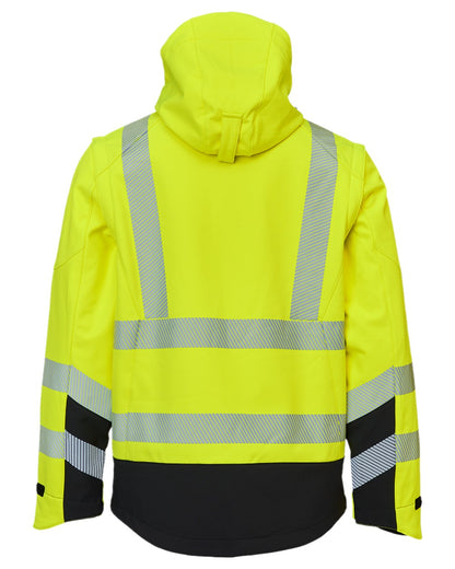 Fluorescent Yellow Black Coloured Elka Mens Visible Xtreme Softshell Jacket With Detachable Sleeves on white background 