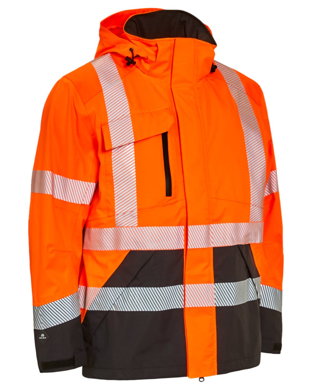 Fluorescent Orange Black Coloured Elka Mens Visible Xtreme Stretch Jacket on white background 