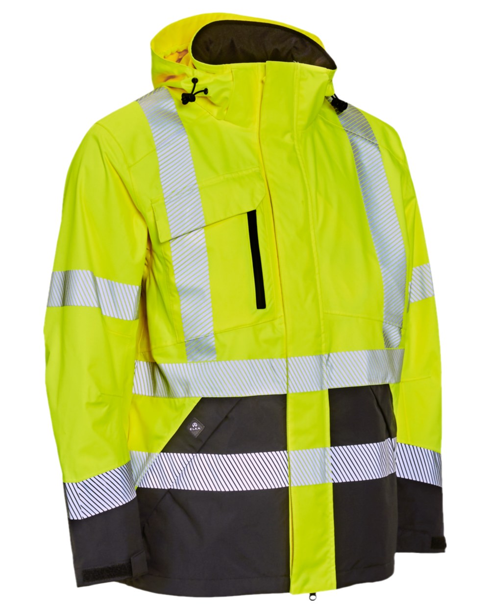Fluorescent Yellow Black Coloured Elka Mens Visible Xtreme Stretch Jacket on white background 