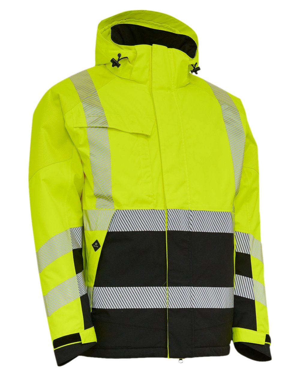 Fluorescent Yellow Black Coloured Elka Mens Visible Xtreme Stretch Winter Jacket on white background 