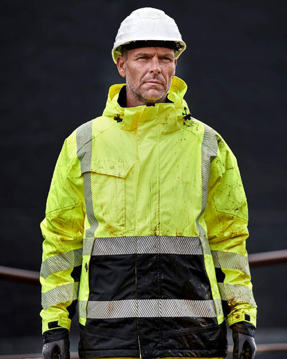 Fluorescent Yellow Black Coloured Elka Mens Visible Xtreme Stretch Winter Jacket on black background 