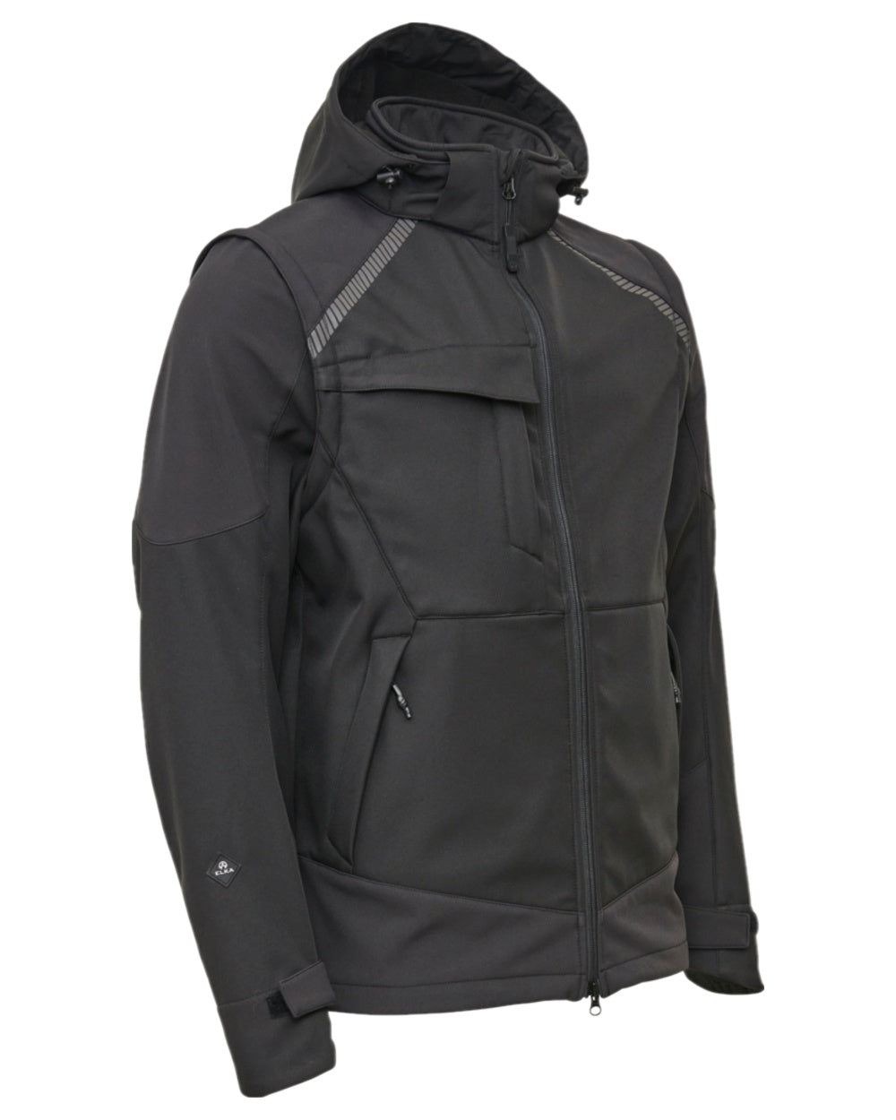 Black Coloured Elka Mens Working Xtreme Softshell Jacket With Detachable Sleeves on white background 