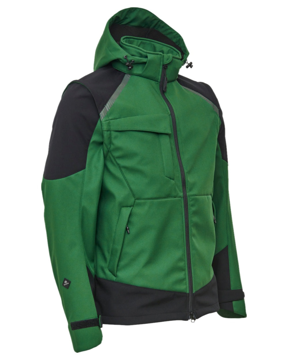 Green Black Coloured Elka Mens Working Xtreme Softshell Jacket With Detachable Sleeves on white background 