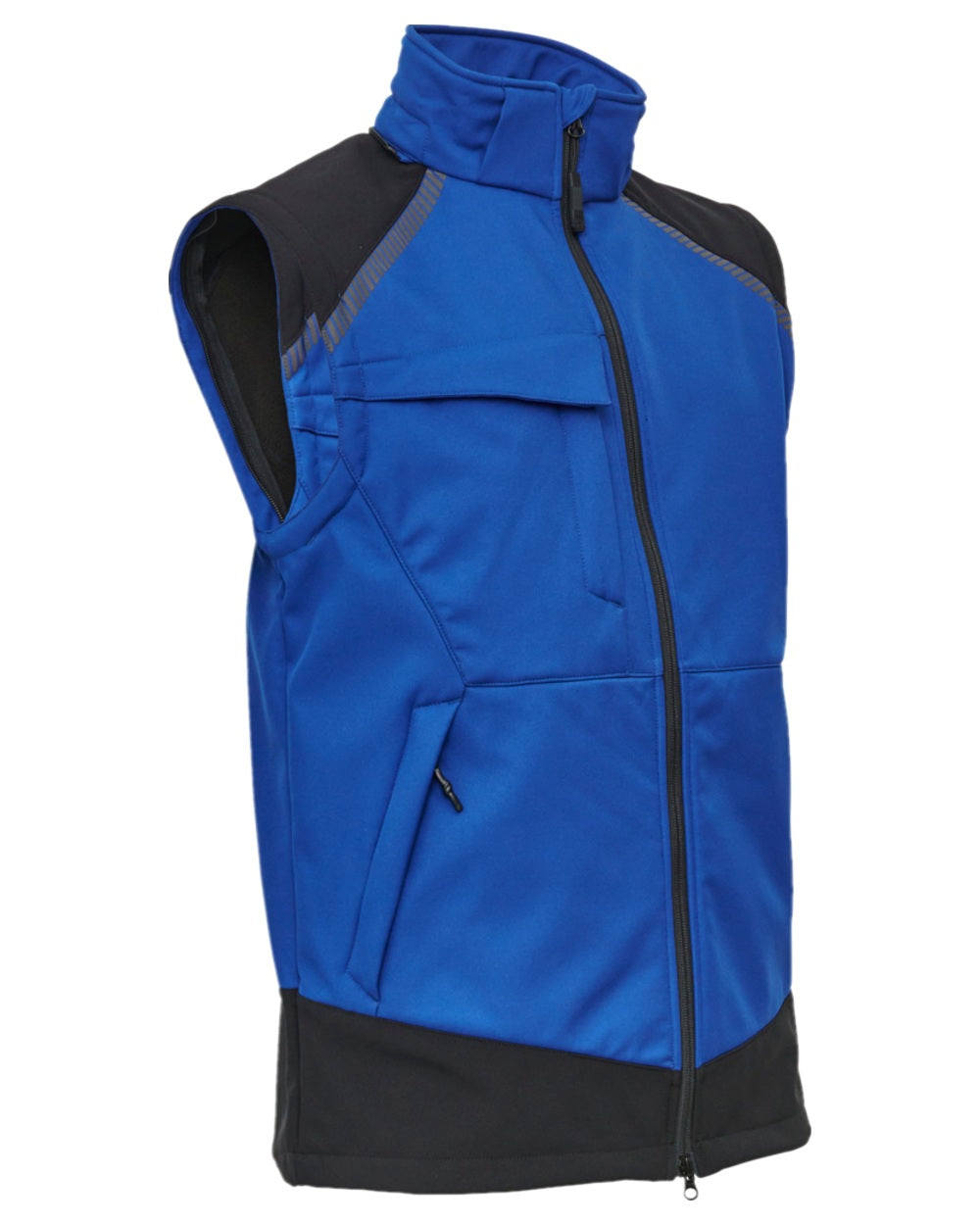 Royal Blue Black Coloured Elka Mens Working Xtreme Softshell Jacket With Detachable Sleeves on white background 