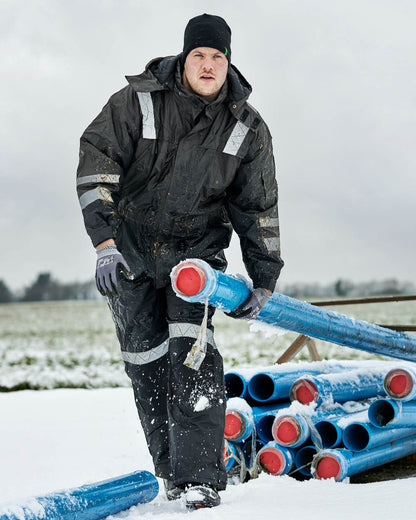 Grey Black Coloured Elka Mens Working Xtreme Winter Thermal Coverall on snow background 