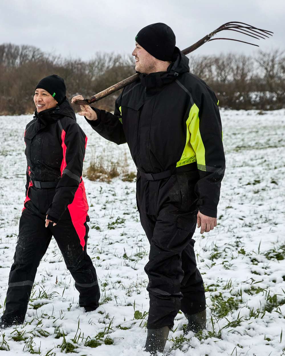 Black Fluorescent Yellow Coloured Elka Mens Working Xtreme Winter Thermal Coverall With Recycled Padding on snow background 