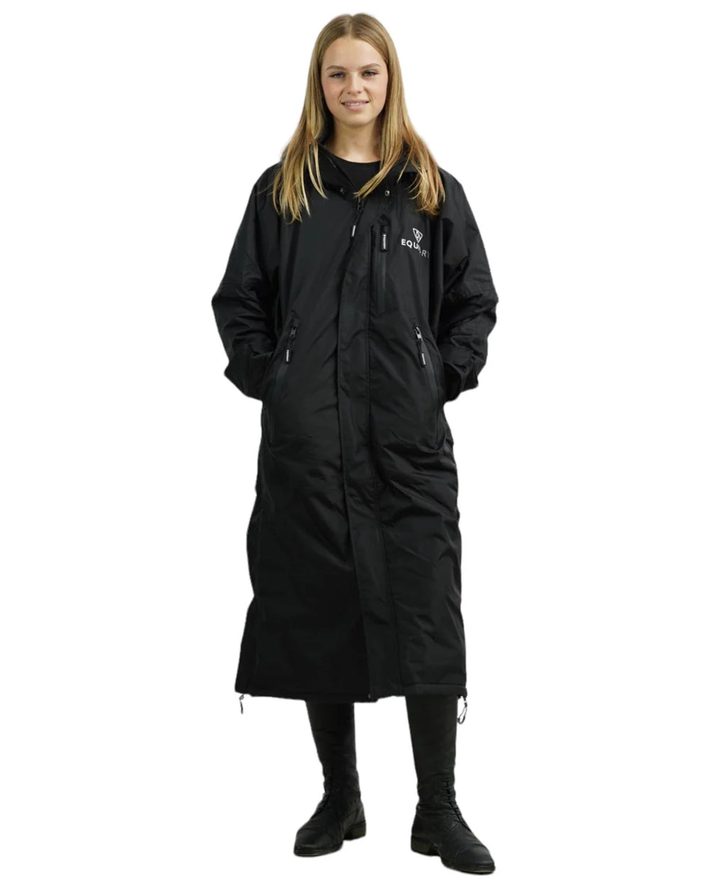 Black coloured Equidry Children Pro Ride Evolution Thin Fleece With Stowaway Hood on white background 