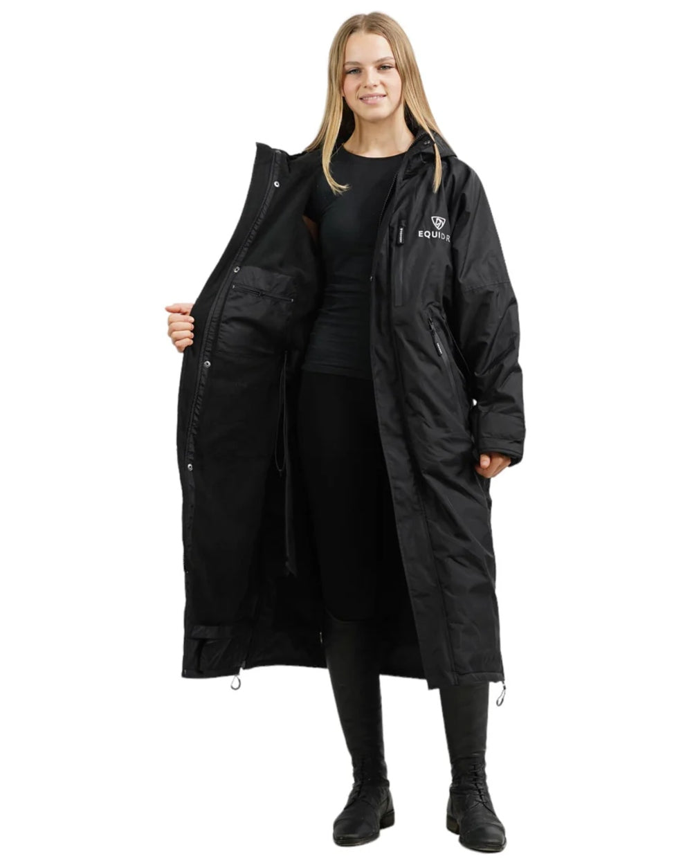 Black coloured Equidry Children Pro Ride Evolution Thin Fleece With Stowaway Hood on white background 