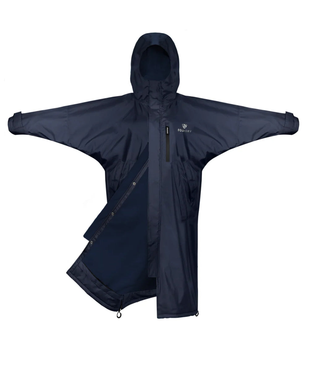 Navy coloured Equidry Children Pro Ride Evolution Thin Fleece With Stowaway Hood on white background 