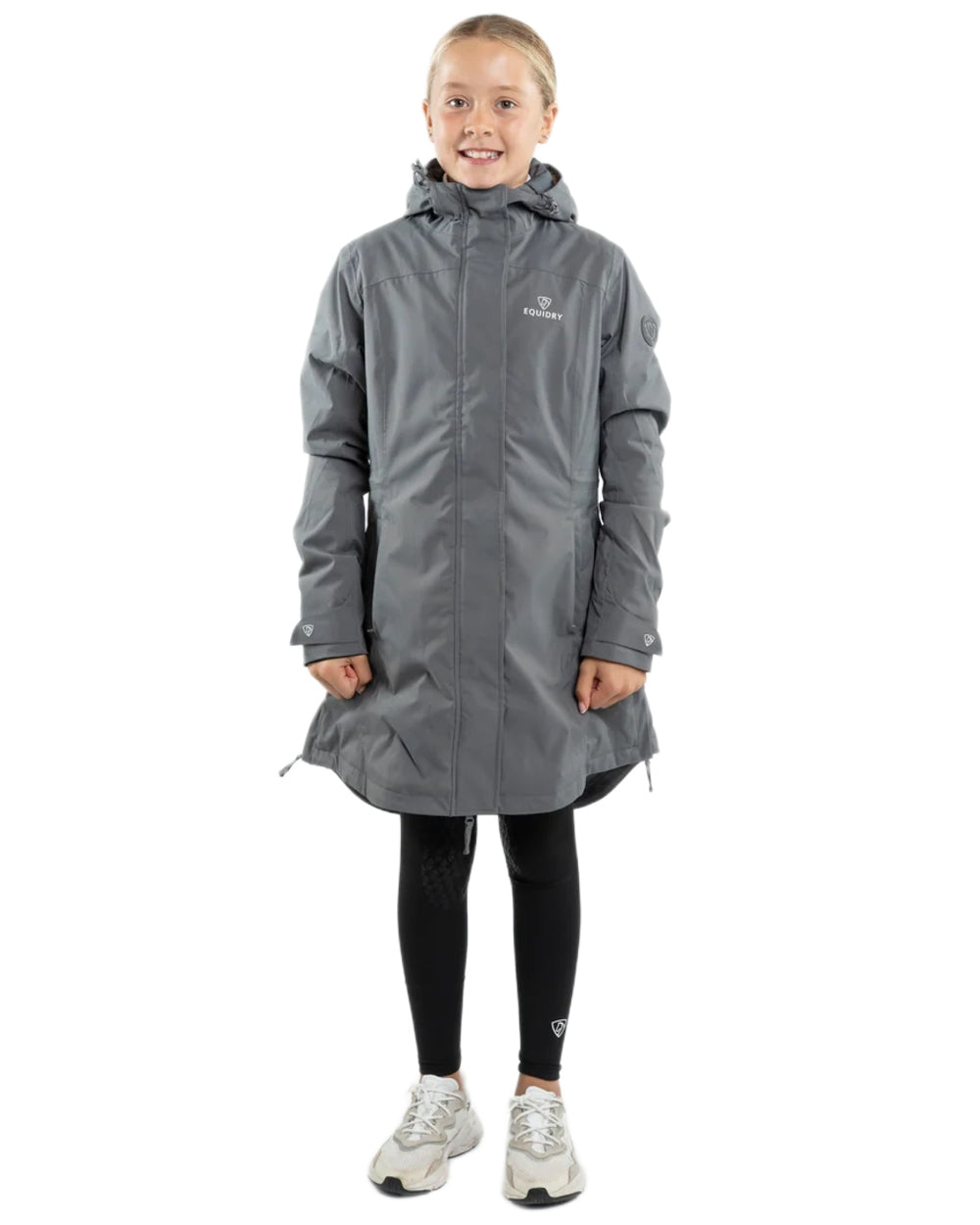 Charcoal coloured Equidry Childrens Bronte Riding Coat on white background 