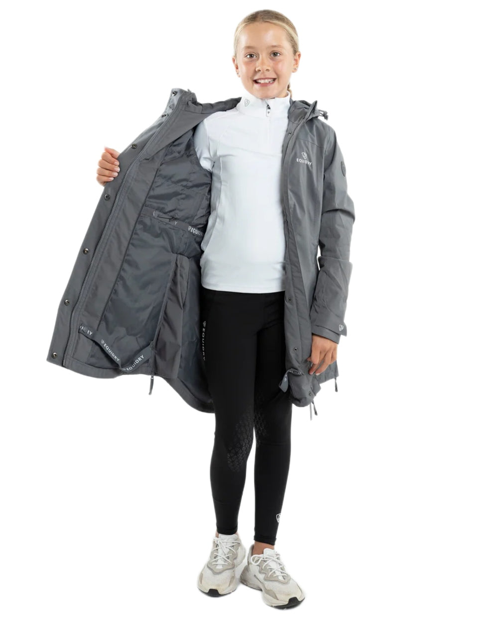 Charcoal coloured Equidry Childrens Bronte Riding Coat on white background 