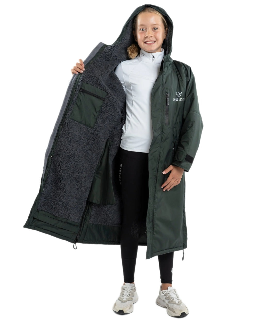 Black Forest Green Grey Coloured Equidry Childrens Evolution Thick Fleece Hood on white background 