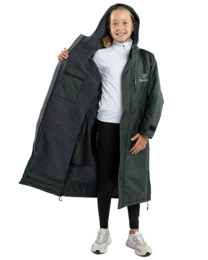 Black Forest Green Grey Coloured Equidry Childrens Evolution Thick Fleece Hood on white background 