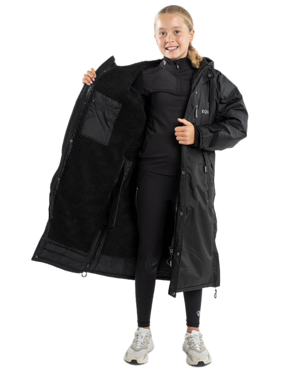 Black Coloured Equidry Childrens Evolution Thick Fleece Hood on white background 