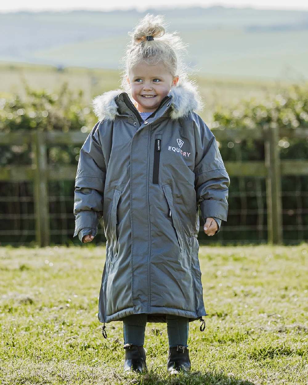 Grey Pale Pink Coloured Equidry Childrens Evolution Thick Fleece Hood on outdoor background 