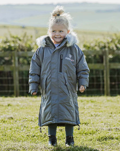 Grey Pale Pink Coloured Equidry Childrens Evolution Thick Fleece Hood on outdoor background 