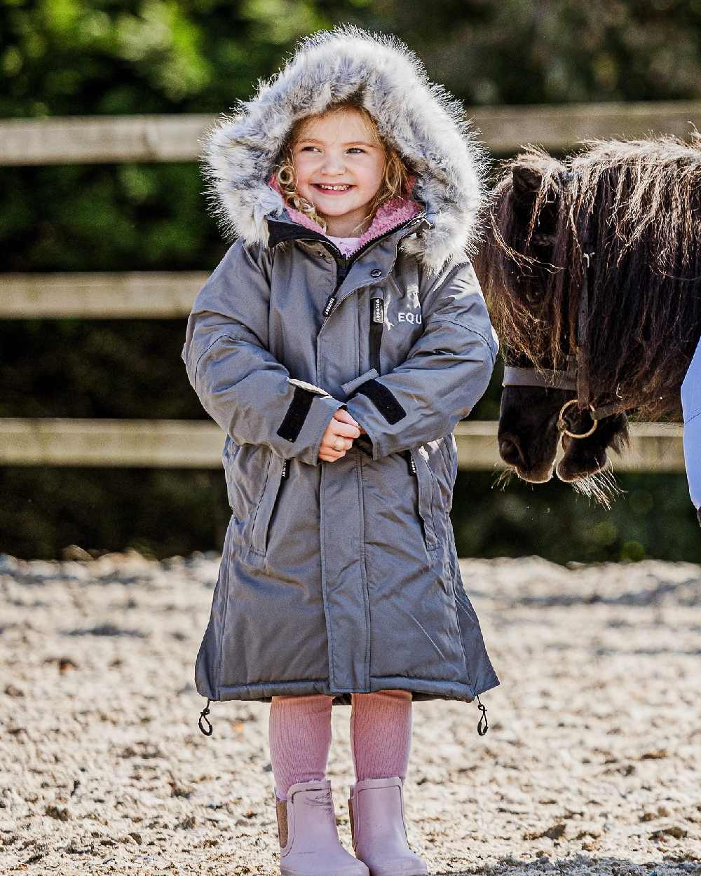 Grey Pale Pink Coloured Equidry Childrens Evolution Thick Fleece Hood on outdoor background 