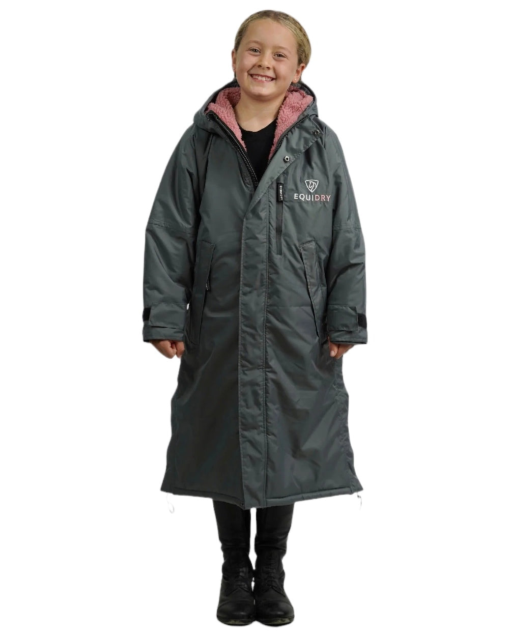 Grey Pale Pink Coloured Equidry Childrens Evolution Thick Fleece Hood on white background 