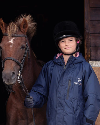 Navy Pale Pink Coloured Equidry Childrens Evolution Thick Fleece Hood on outdoor background 