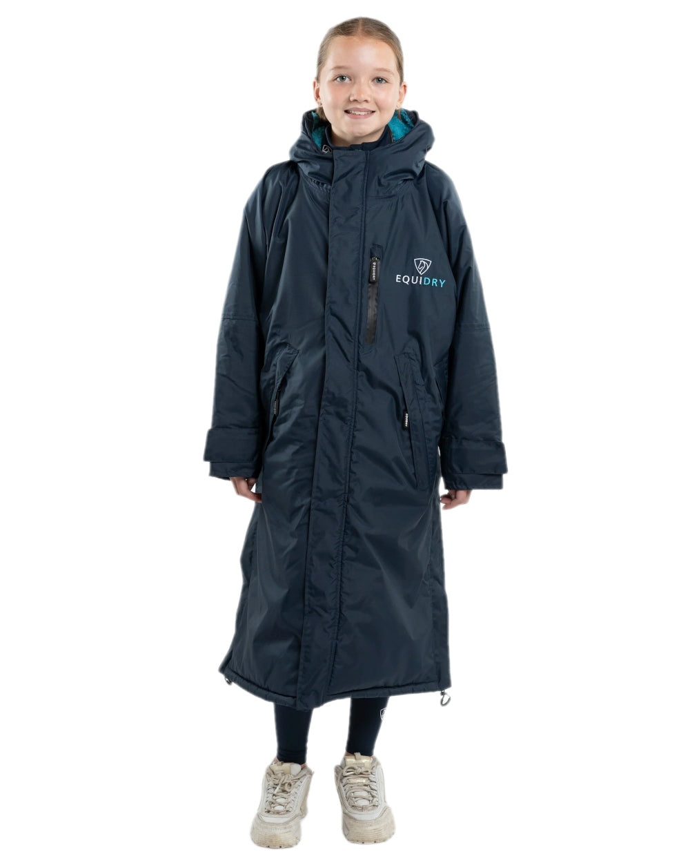 Navy Turquoise Coloured Equidry Childrens Evolution Thick Fleece Hood on white background 