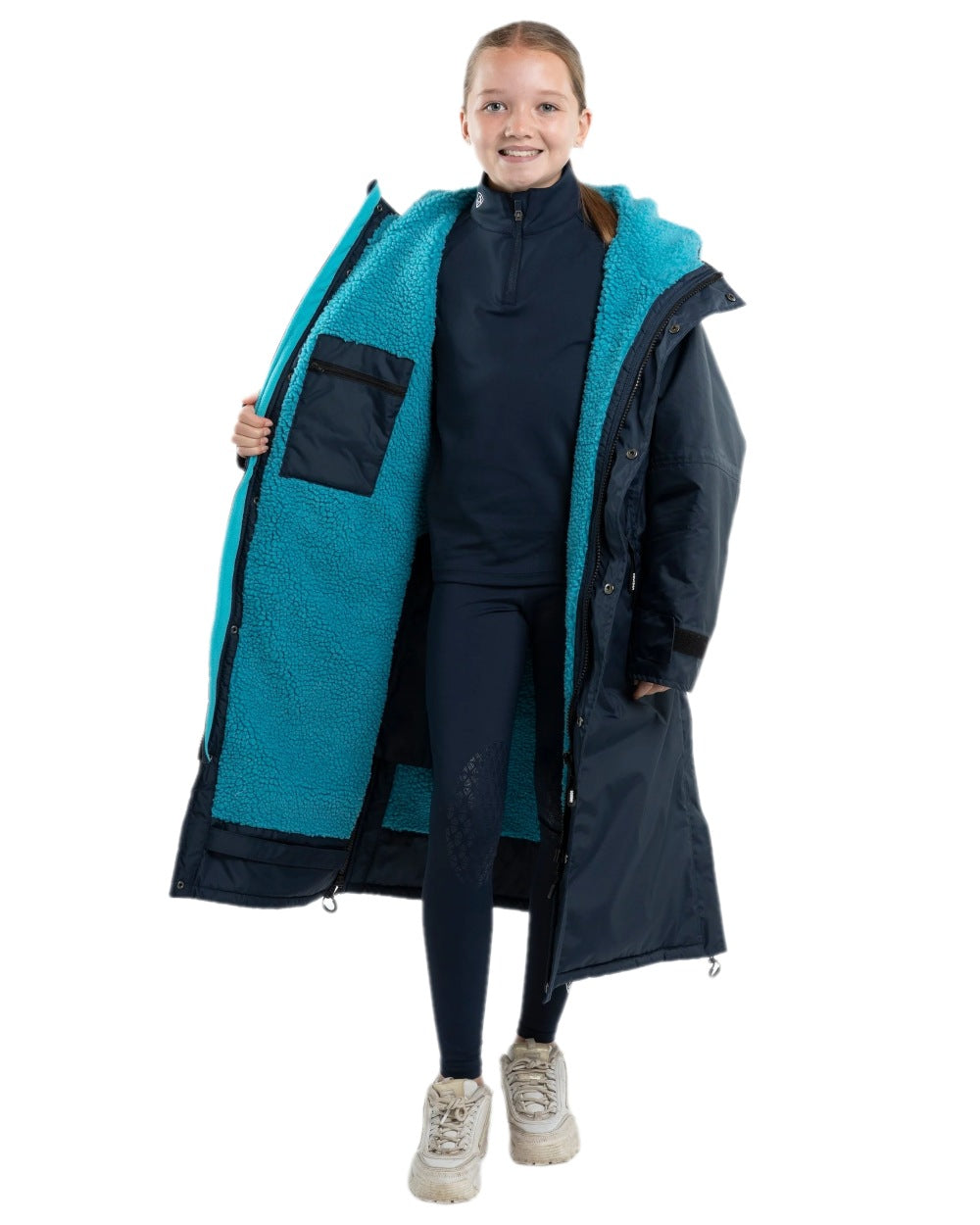 Navy Turquoise Coloured Equidry Childrens Evolution Thick Fleece Hood on white background 