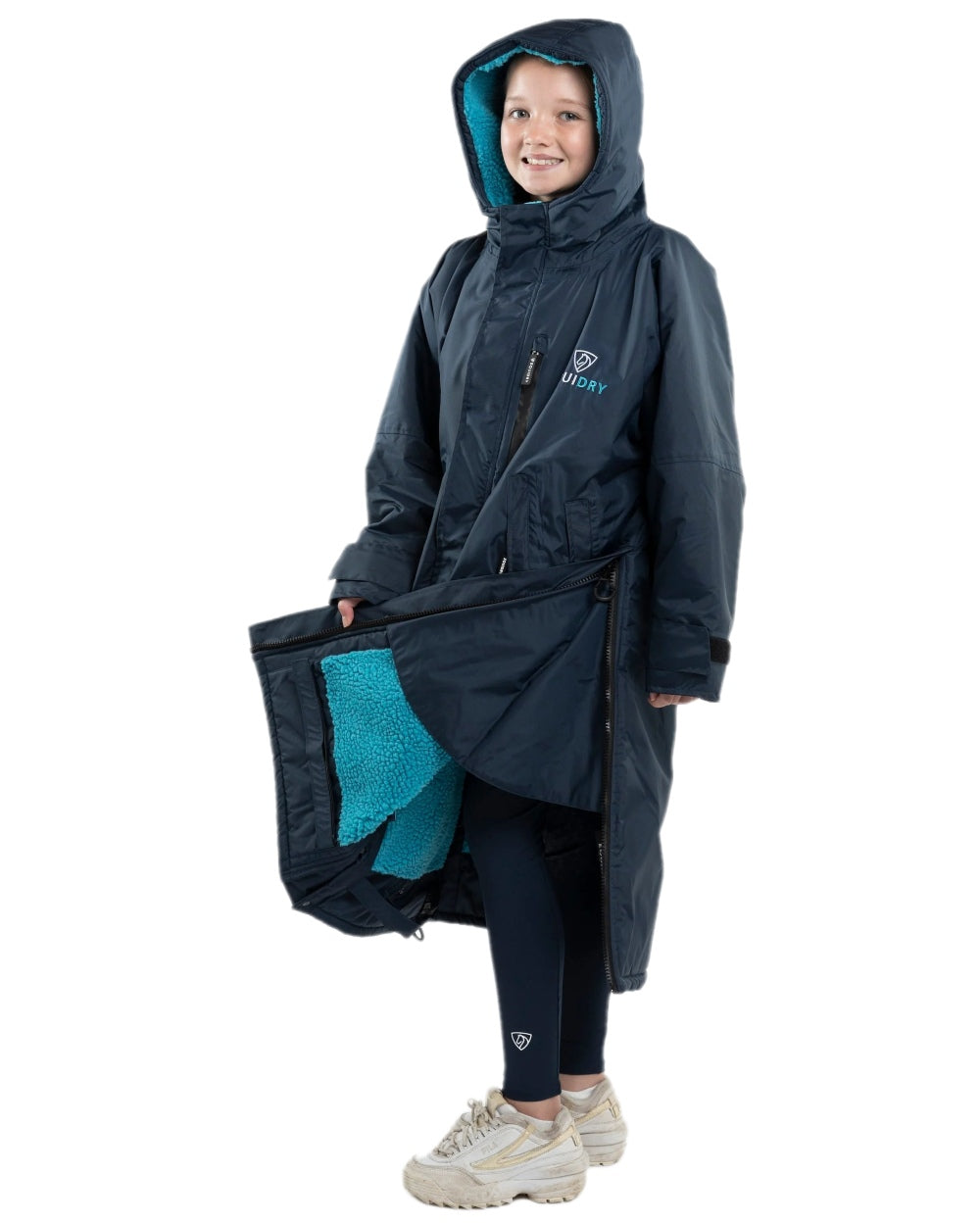 Navy Turquoise Coloured Equidry Childrens Evolution Thick Fleece Hood on white background 