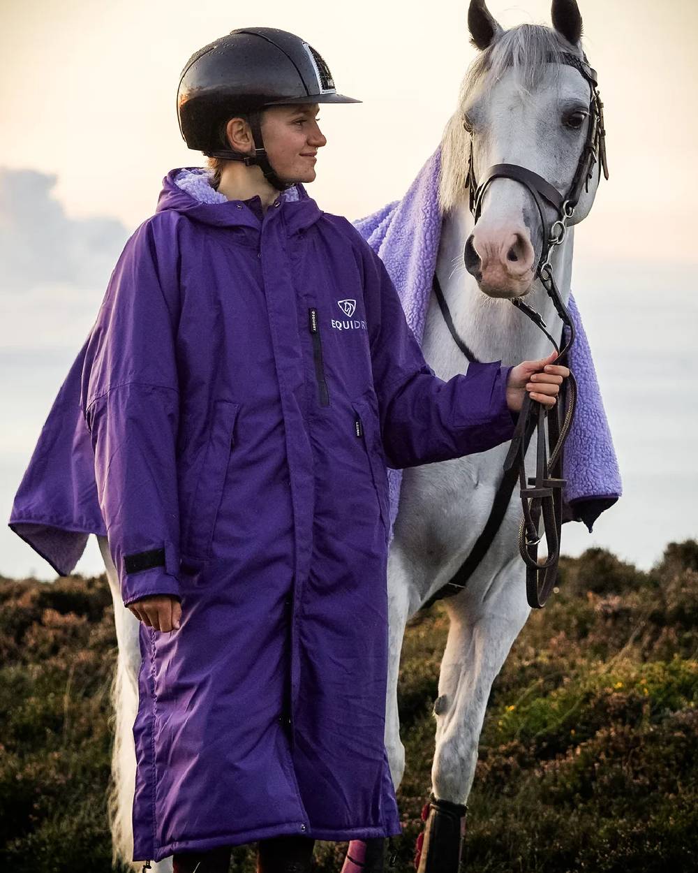 Purple Lilac Coloured Equidry Childrens Evolution Thick Fleece Hood on outdoor background 