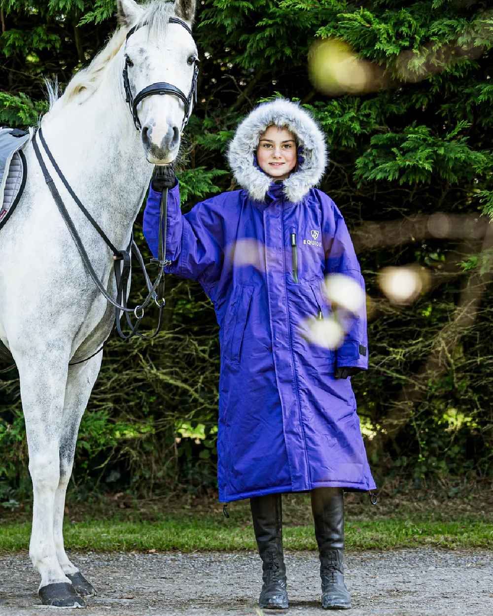Purple Lilac Coloured Equidry Childrens Evolution Thick Fleece Hood on outdoor background 