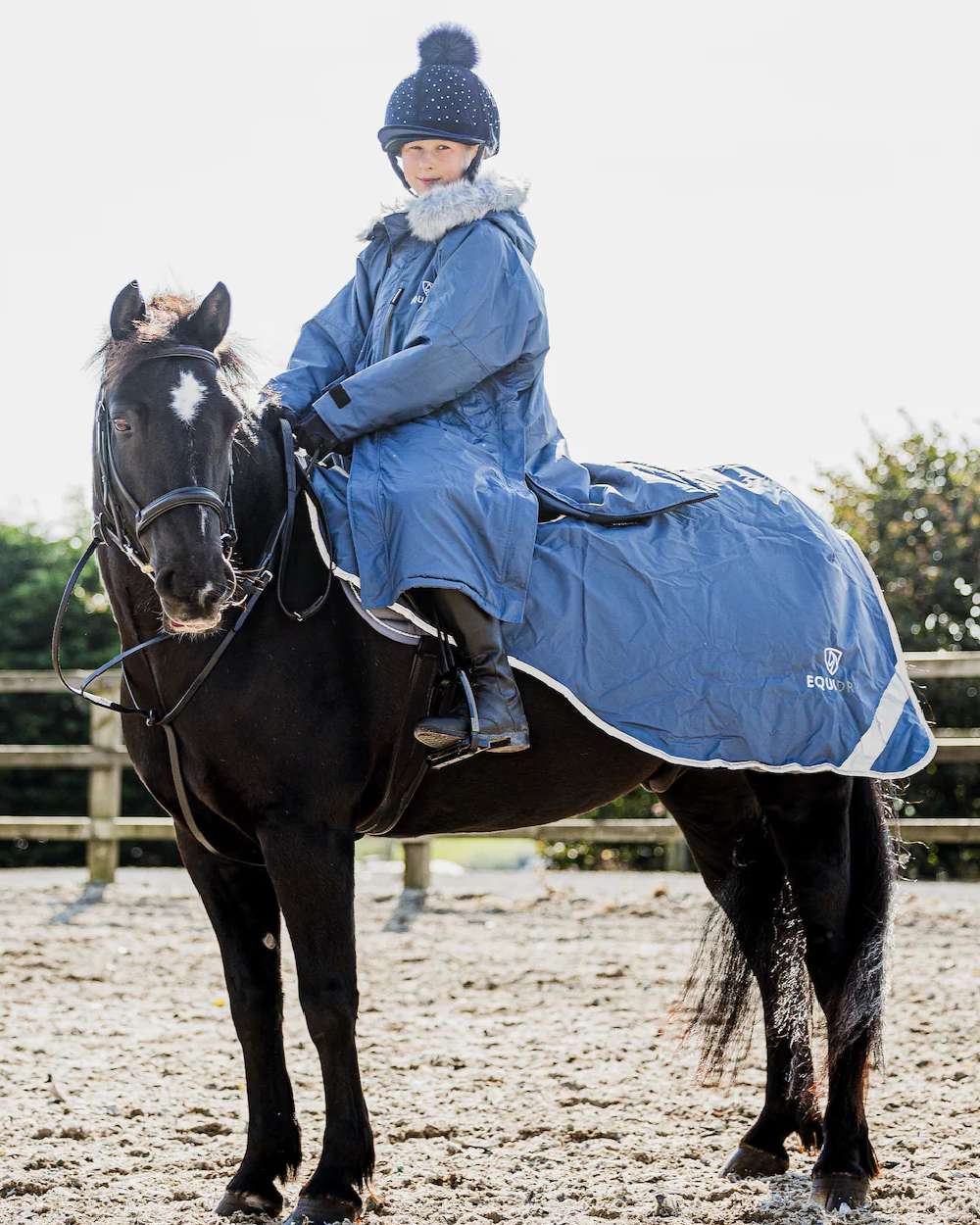 Steel Blue Grey Coloured Equidry Childrens Evolution Thick Fleece Hood on outdoor background 