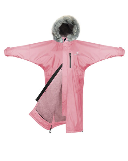 Dusky Pink coloured Equidry Childrens Evolution Thick Fleece With Fur Hood on white background 