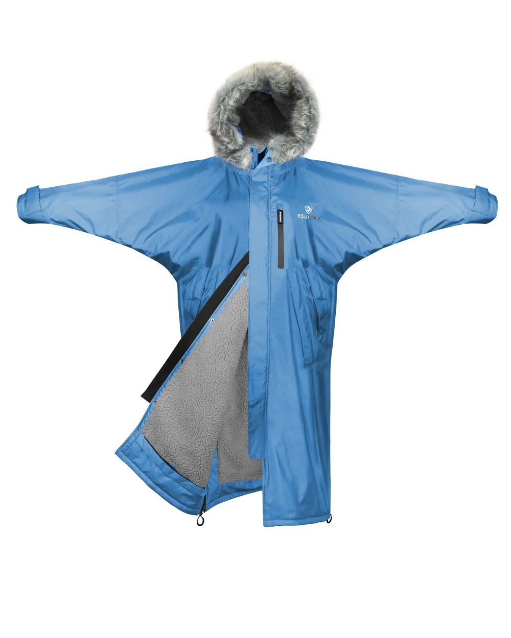 Sky Blue Grey coloured Equidry Childrens Evolution Thick Fleece With Fur Hood on white background 