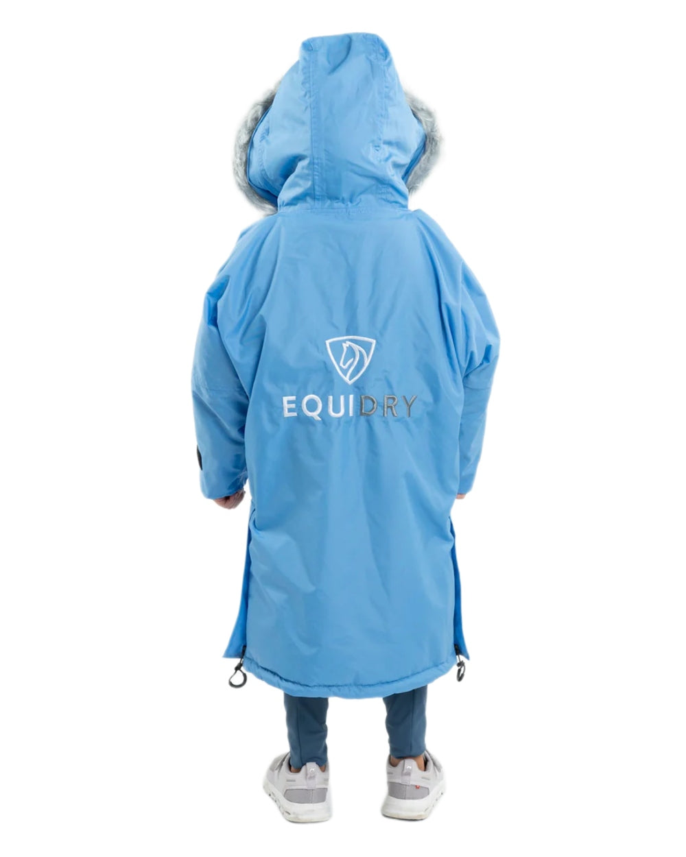 Sky Blue Grey coloured Equidry Childrens Evolution Thick Fleece With Fur Hood on white background 
