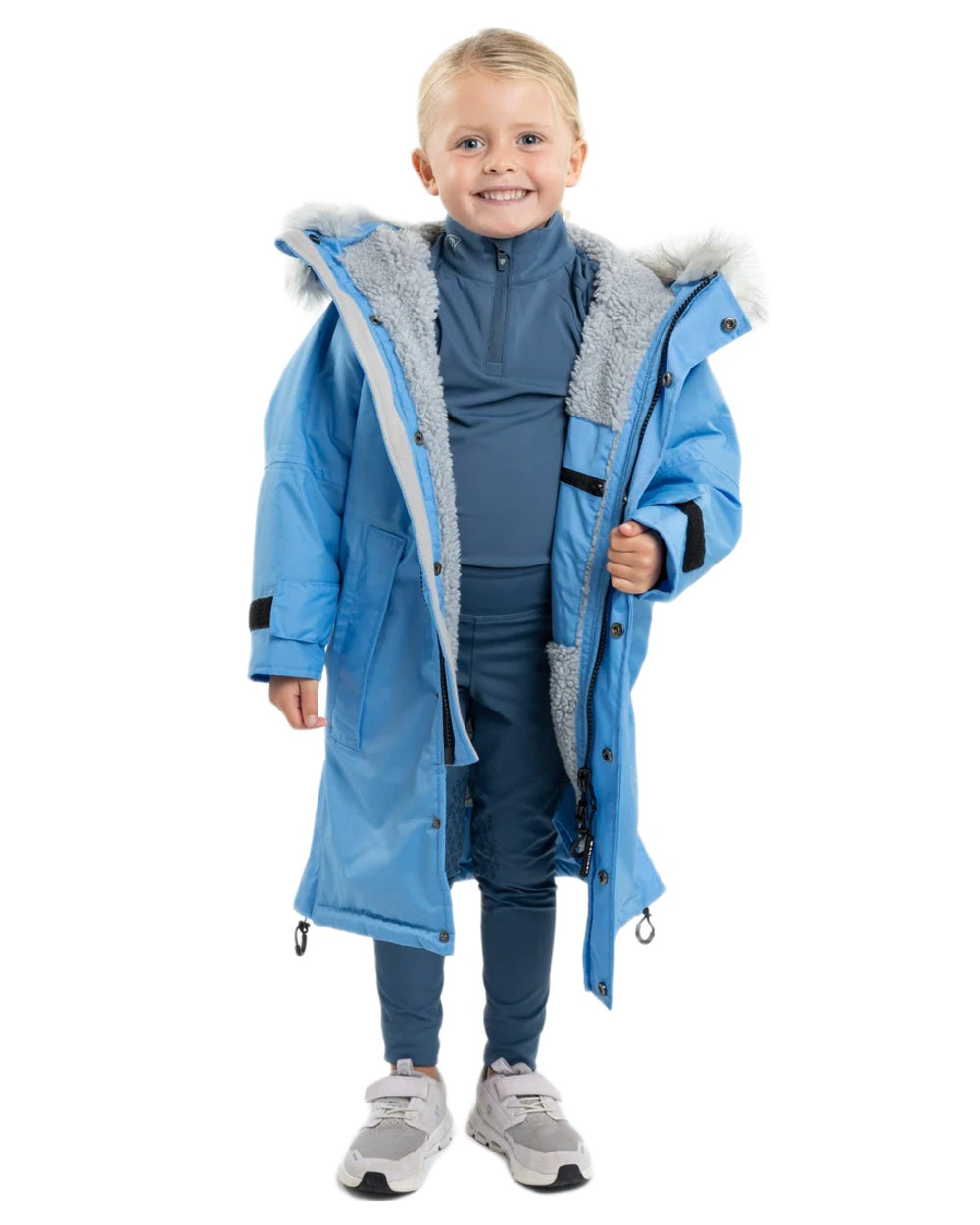 Sky Blue Grey coloured Equidry Childrens Evolution Thick Fleece With Fur Hood on white background 
