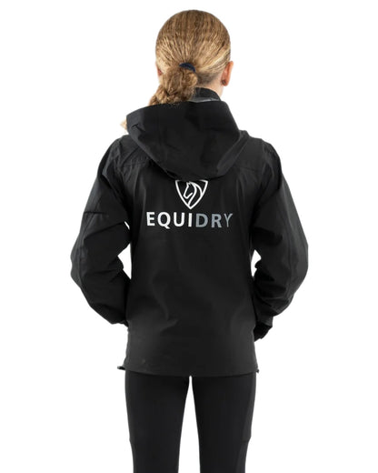 Black coloured Equidry Childrens Nimbus Pack Away Jacket With Stowaway Hood on white background 