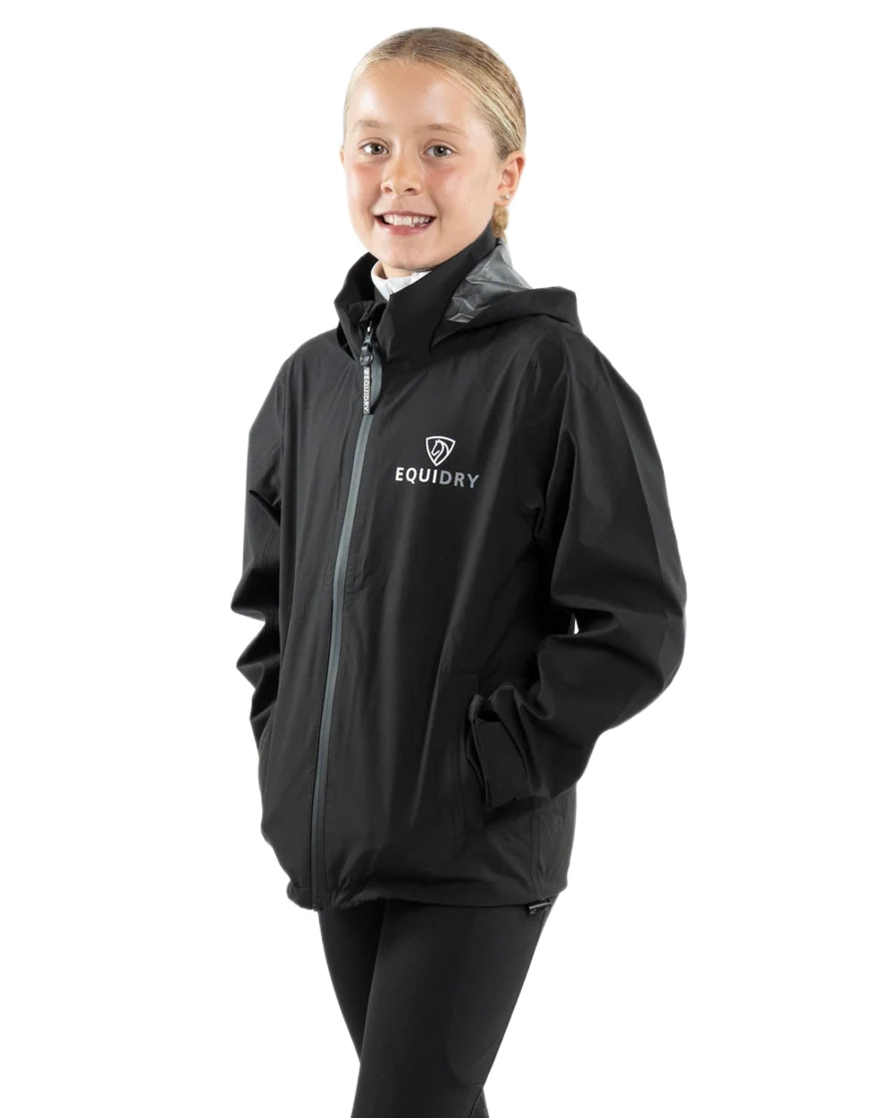 Black coloured Equidry Childrens Nimbus Pack Away Jacket With Stowaway Hood on white background 