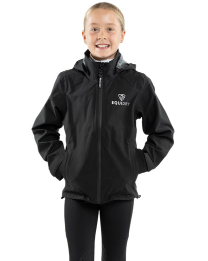 Black coloured Equidry Childrens Nimbus Pack Away Jacket With Stowaway Hood on white background 
