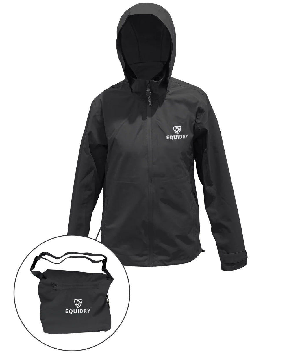 Black coloured Equidry Childrens Nimbus Pack Away Jacket With Stowaway Hood on white background 