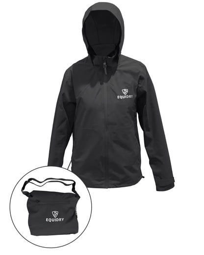 Black coloured Equidry Childrens Nimbus Pack Away Jacket With Stowaway Hood on white background 