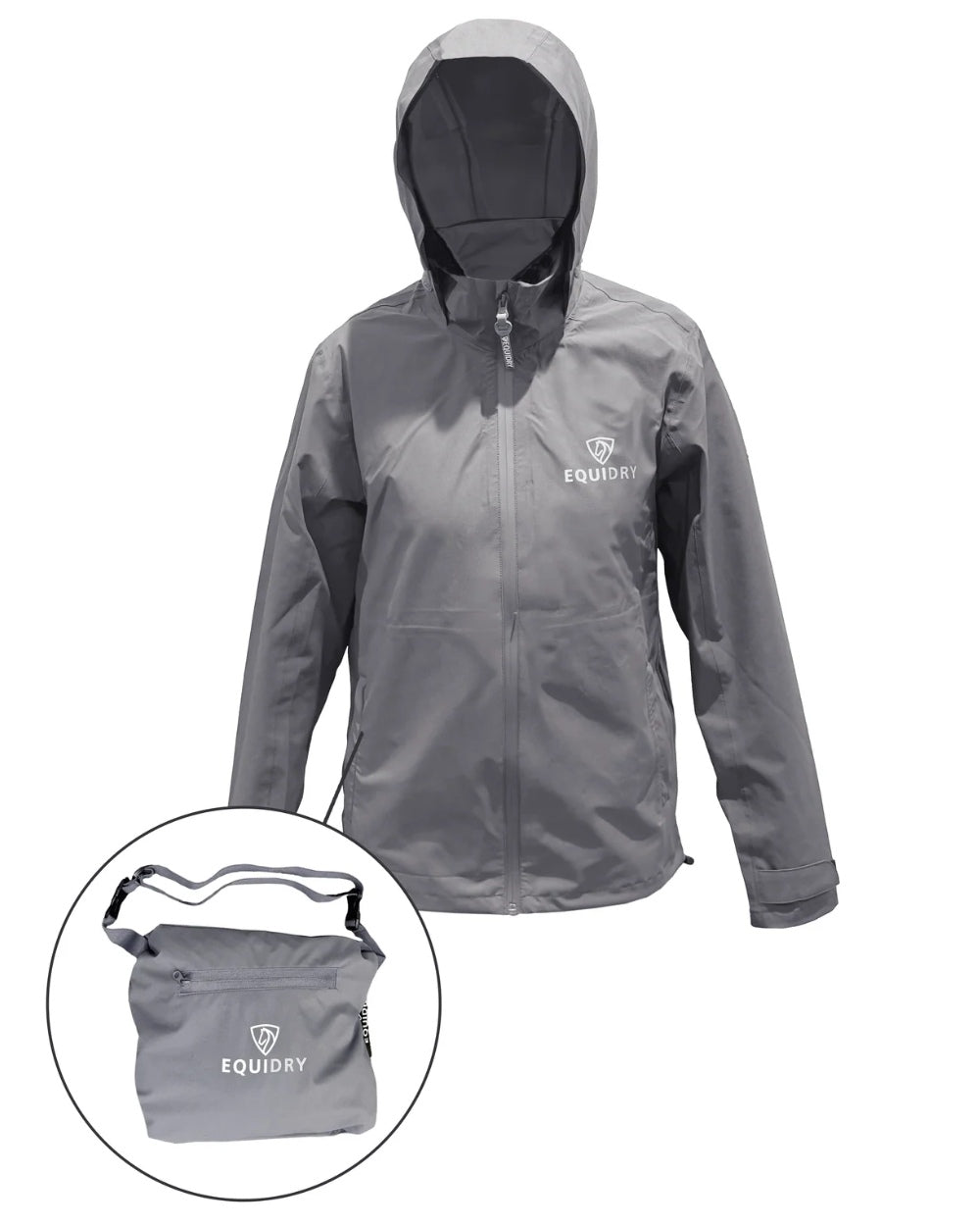 Charcoal coloured Equidry Childrens Nimbus Pack Away Jacket With Stowaway Hood on white background 