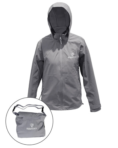 Charcoal coloured Equidry Childrens Nimbus Pack Away Jacket With Stowaway Hood on white background 