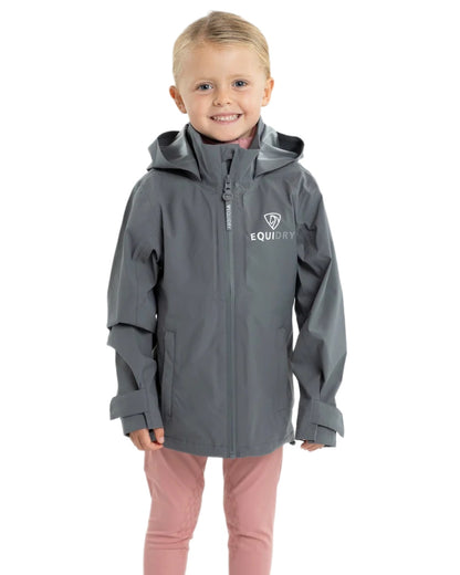 Charcoal coloured Equidry Childrens Nimbus Pack Away Jacket With Stowaway Hood on white background 
